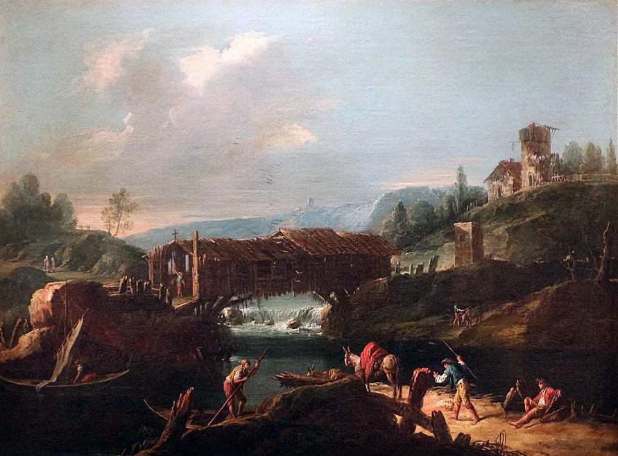 Paesaggio con ponte di legno